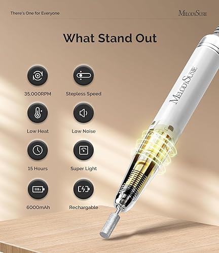 Miniatura 3 de MelodySusie Taladro de uñas profesional MM400C de 35000 RPM, lima de uñas recargable e inalámbrica portátil con máquina de ruido blanco, incluye 31