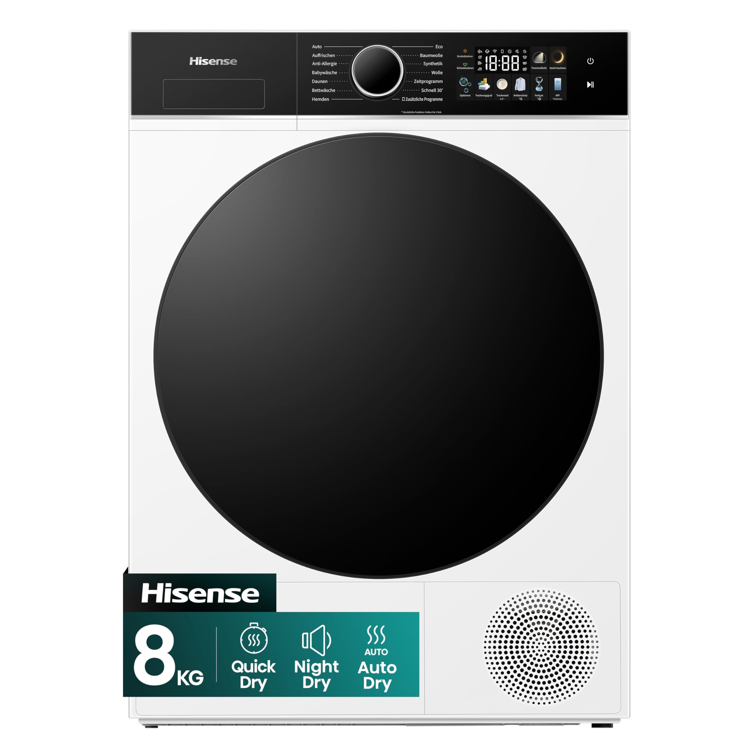 Hisense DH3I802BWCD Wäschetrockner, 8KG, Kondensation mit Wärmepumpe, 3i, 18 Programme, ConnectLife, Feuchtesensor, Anti Crease, TwinAir, Energieeffizienzklasse C, Weiß
