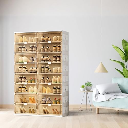 Miniatura 2 de 32 pares de gabinetes de almacenamiento de zapatos de instalación rápida de 3 pasos, caja de zapatos de plástico con puerta magnética transparente