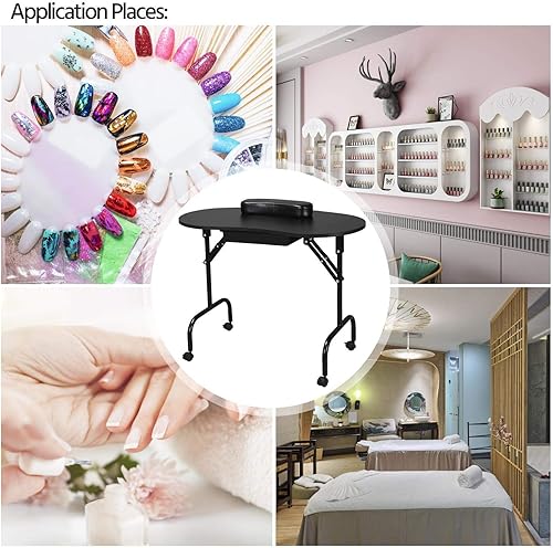 Miniatura 5 de Yaheetech Mesa de manicura portátil y plegable de 37 pulgadas estación de trabajo con cajón grande almohadilla de muñeca para cliente ruedas Negro,
