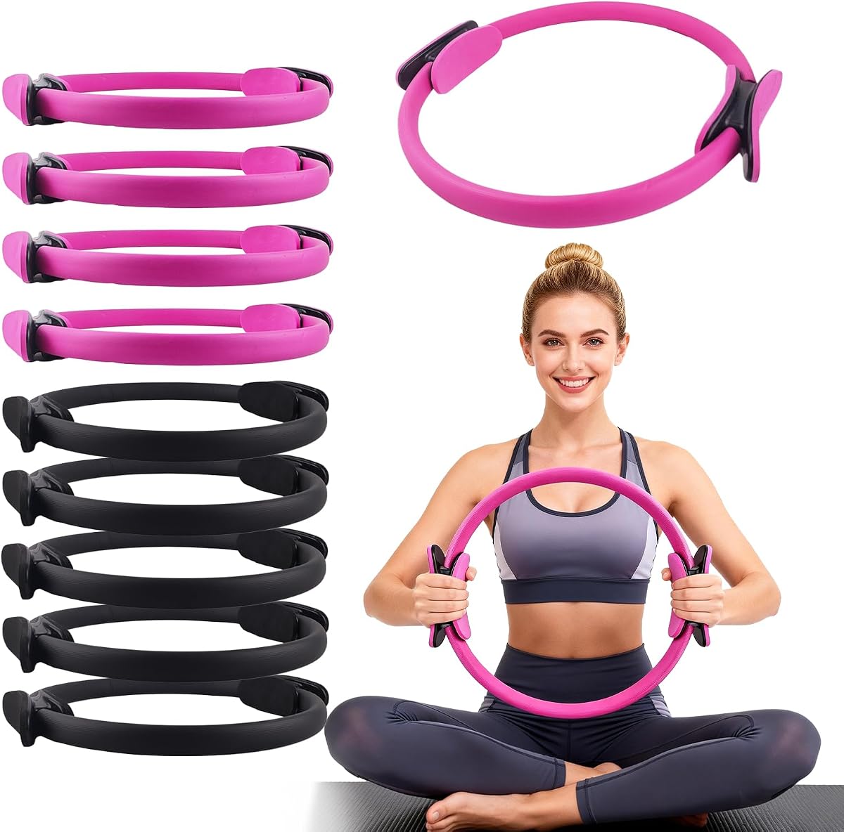 10 Pcs Pilates Ring Set, 15" Pilates Circle Ring with Extra Thick Padded Handles, Pilates Equipment for Home or Travel, Workout Equipment for Women for Inner Thigh & Core, Upper Body Workout Equipment