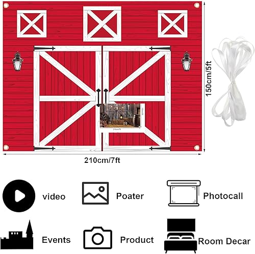 Miniatura 5 de Tranqun Telón de fondo rojo de 7 x 5 pies para puerta de granero de otoño, decoración de fiesta de granja, fondo de fotografía rústica occidental,
