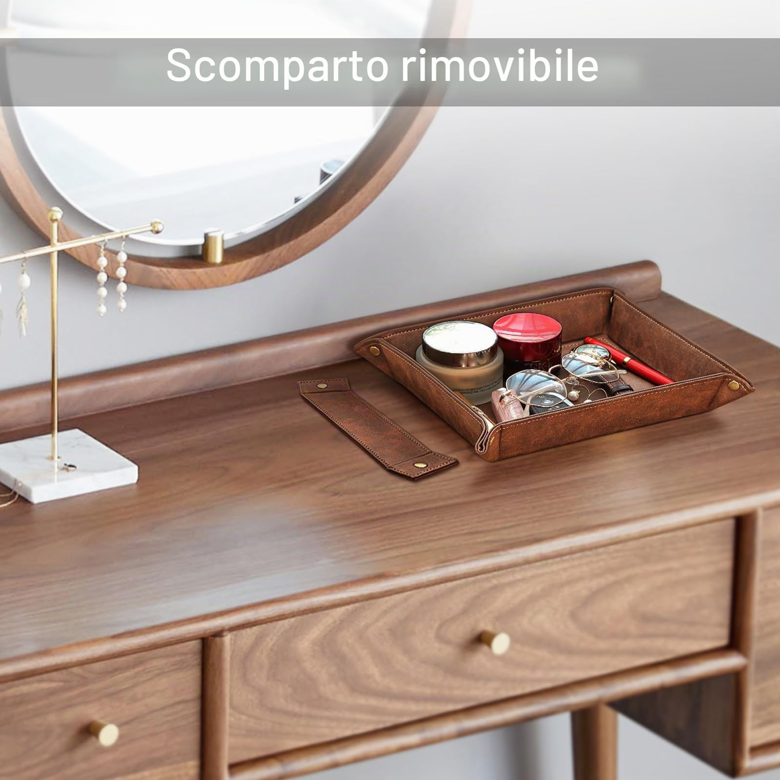 SITHON Vassoio Portaoggetti in PU Pelle con 2 scomparti removibili, Contenitore Svuotatasche Organizzatore da Comodino Scrivania per Gioielli, Telecomando, Chiavi, Telefono, (*Marrone)