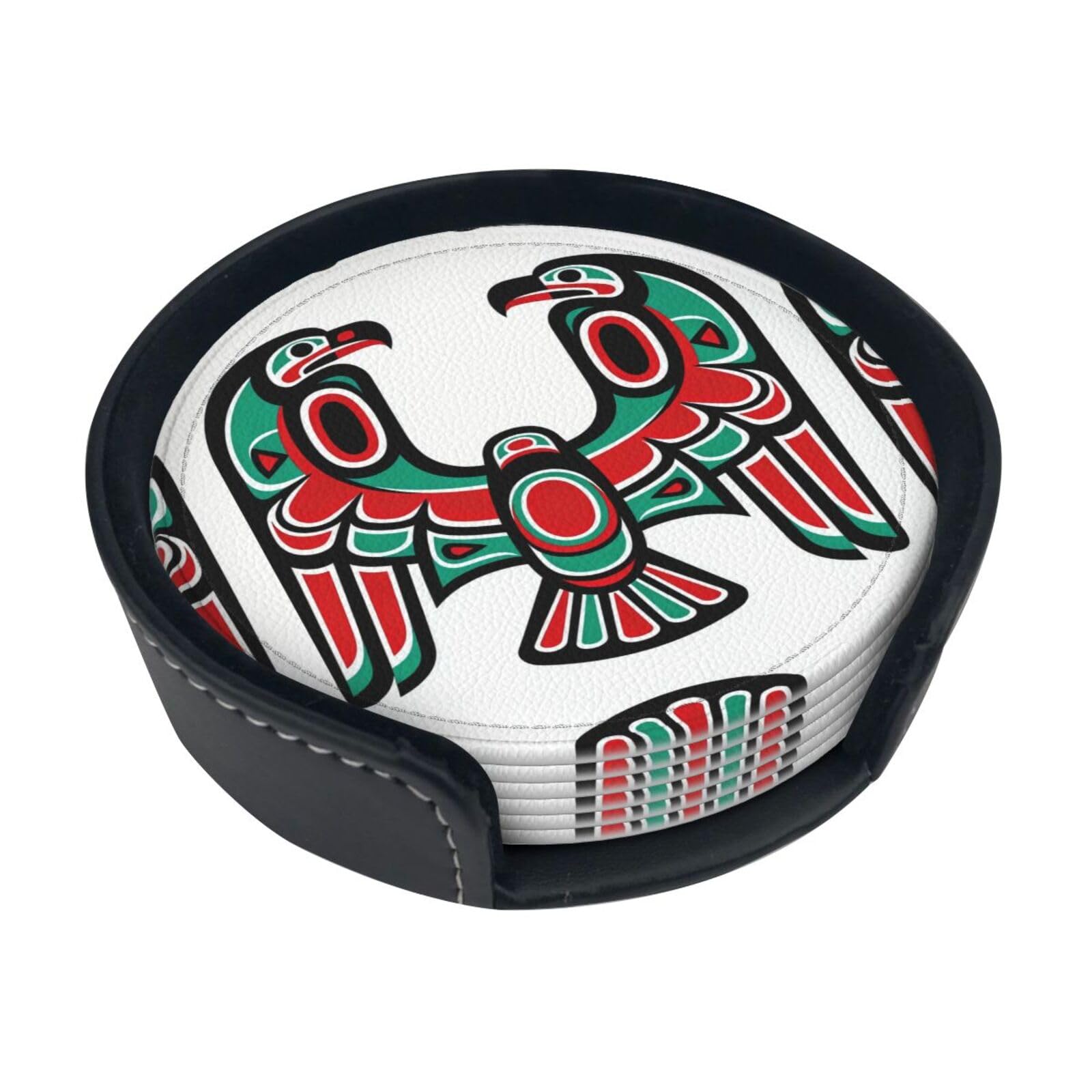 Cntdbu White Thunderbird Leather Coasters Set Of 6-Pu Leather Drink Mats For Table, Heat Resistant Round Coasters With Holder