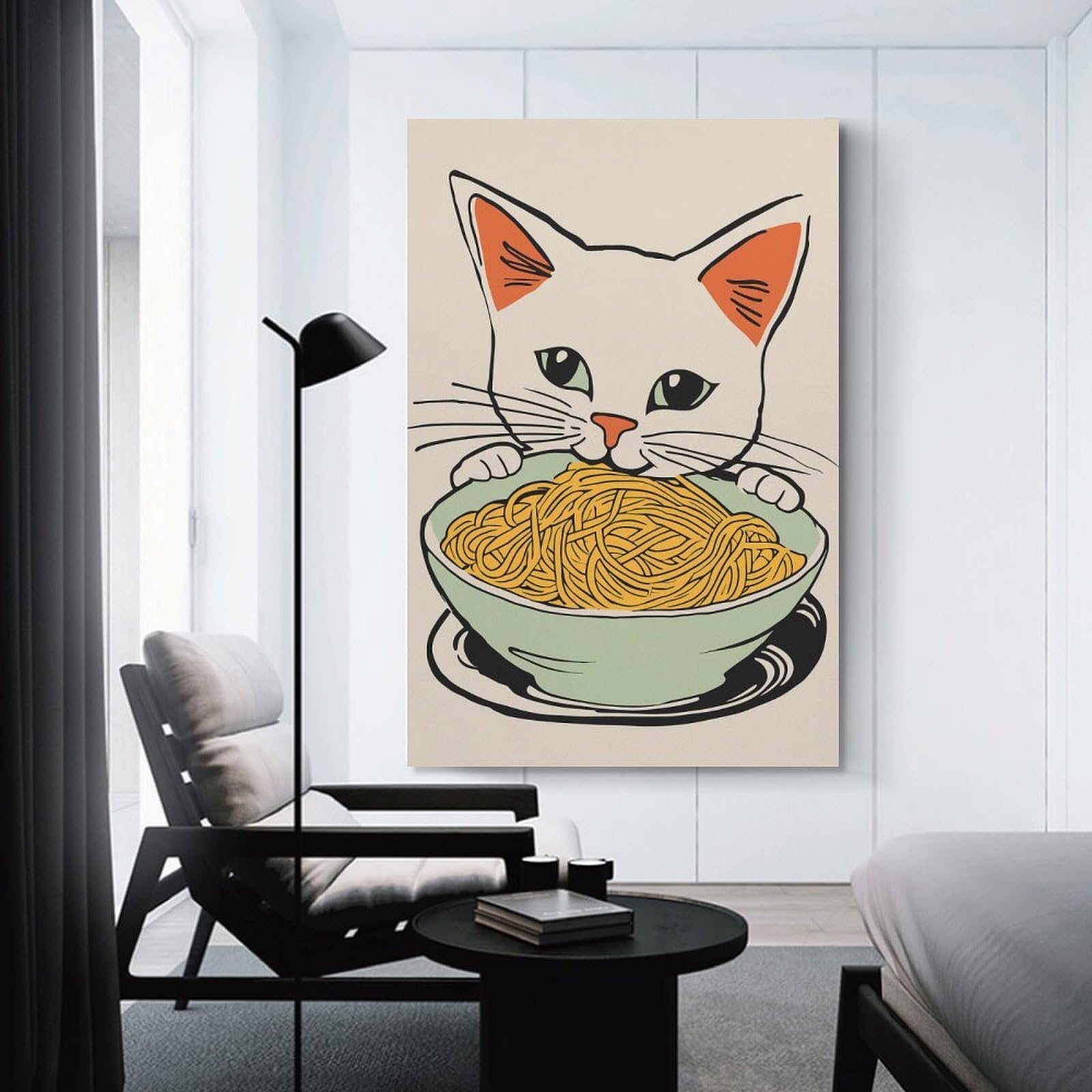 Junmoney Cat Sitting with Noodles Decorative Canvas Print, 24x36inch(60x90cm), for Hallway, Entryway Or Landing, Home Artwork for First Impressions