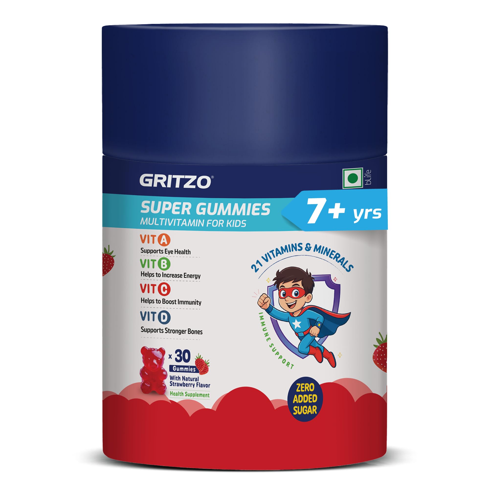 Gritzo Super Gummies Multivitamin for Kids, 7+ Years, Strawberry (Strawberry Flavour, 30 Gummies) | Zero Added Sugar, 21 Vitamins & Minerals-image-27
