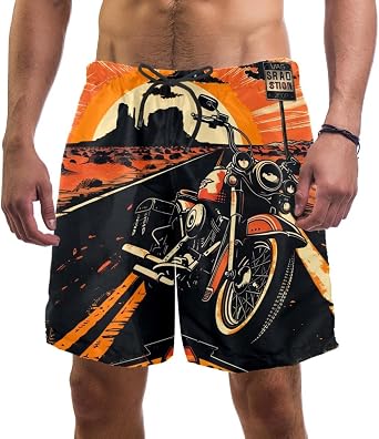 Mens Board Shorts, Vintage Route 66 Motorcycle Poster Quick Dry Swimwear Beach Holiday Party Bermuda Swim Big Pant
