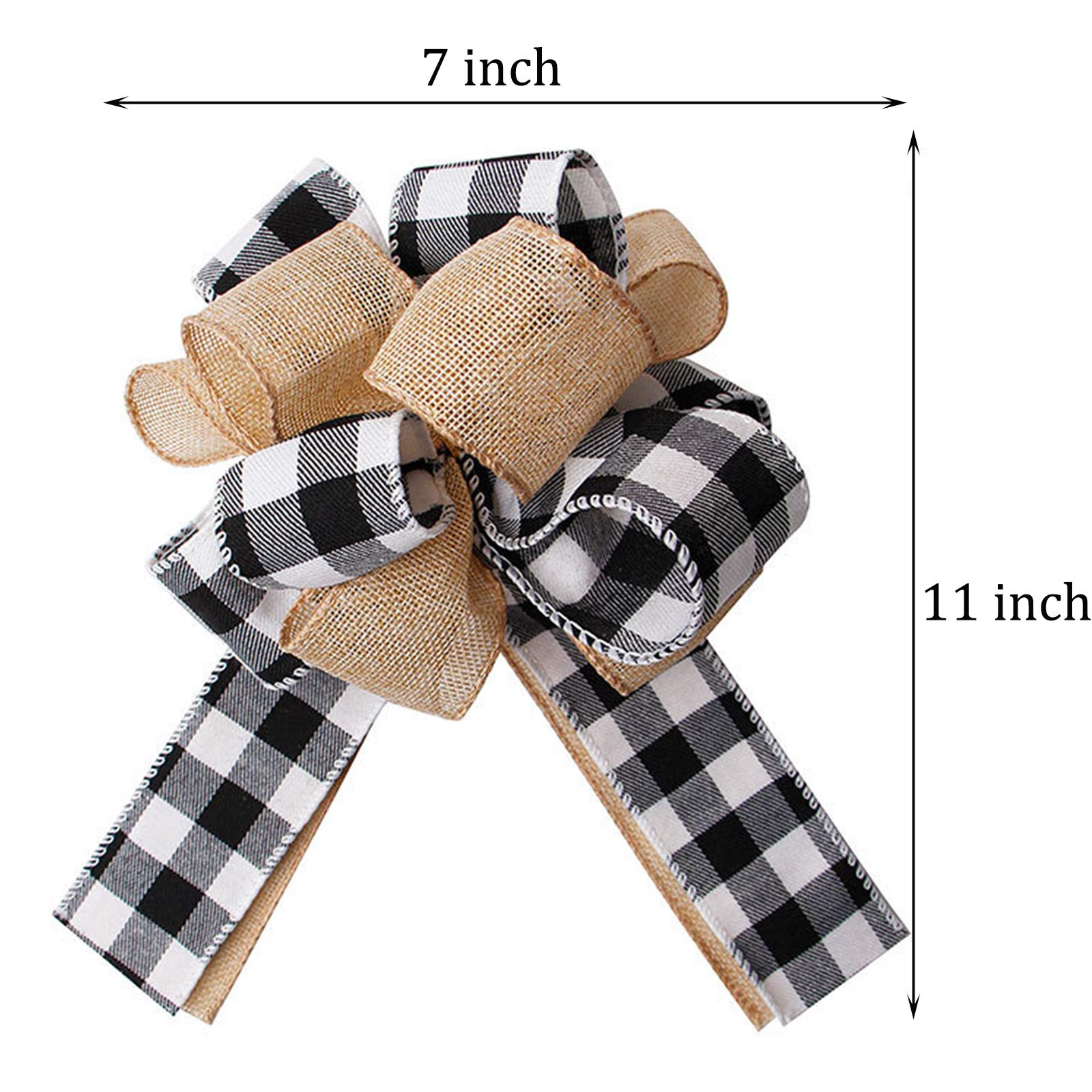 LOKESI Black White Buffalo Plaid Burlap Wreath Bow Multi Layed Gift Bows Wreath Bow Wall Ornaments Christmas Tree Topper Bows for Holiday Home Front Door Decorations, 11 x 7 inch