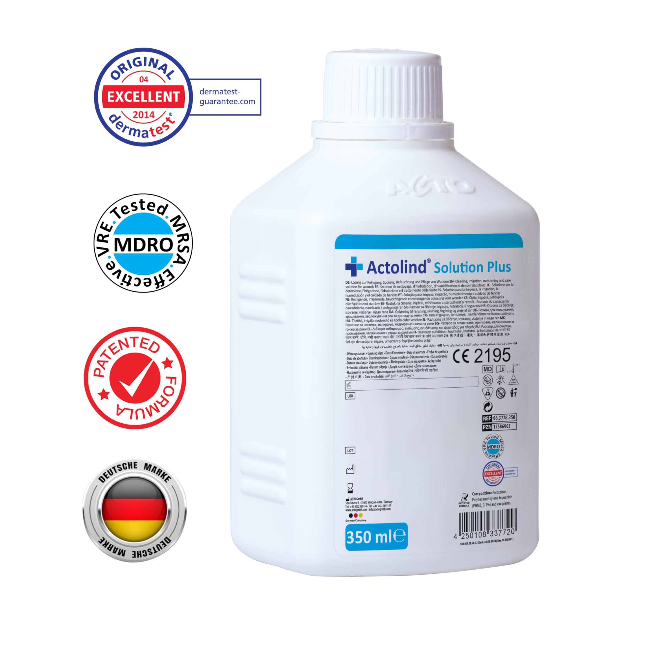 Actolind Solution Plus 350 ml – soluzione antisettica per irrigazione delle ferite. Pulizia e idratazione indolore di ferite acute, croniche, infette e ustioni. Classe CE III secondo MPG. Con PHMB.