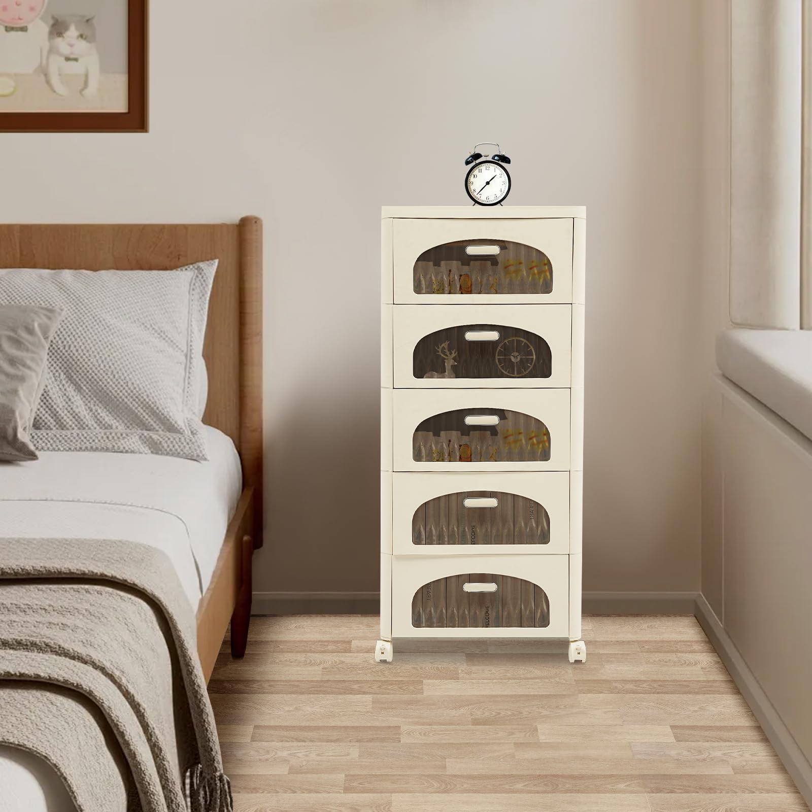 Cassettiera con 5 cassetti, con ruote, capacità di carico di ogni cassetto 5 kg, 41,7 x 32 x 97 cm, scatole impilabili per soggiorno, cameretta dei bambini, studio (arco trasparente)