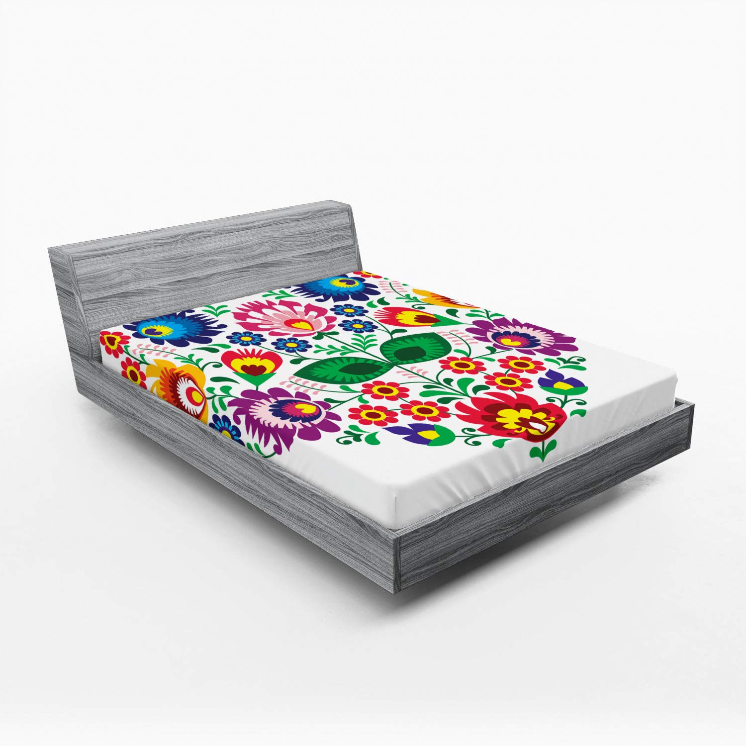 Ambesonne Polish Folk Art Fitted Sheet, Folkloric Slav Motif Graphic Shape as Heart with Colorful Spring Flowers, Bed Cover with All-Round Elastic Pocket for Comfort, California King, Green Purple