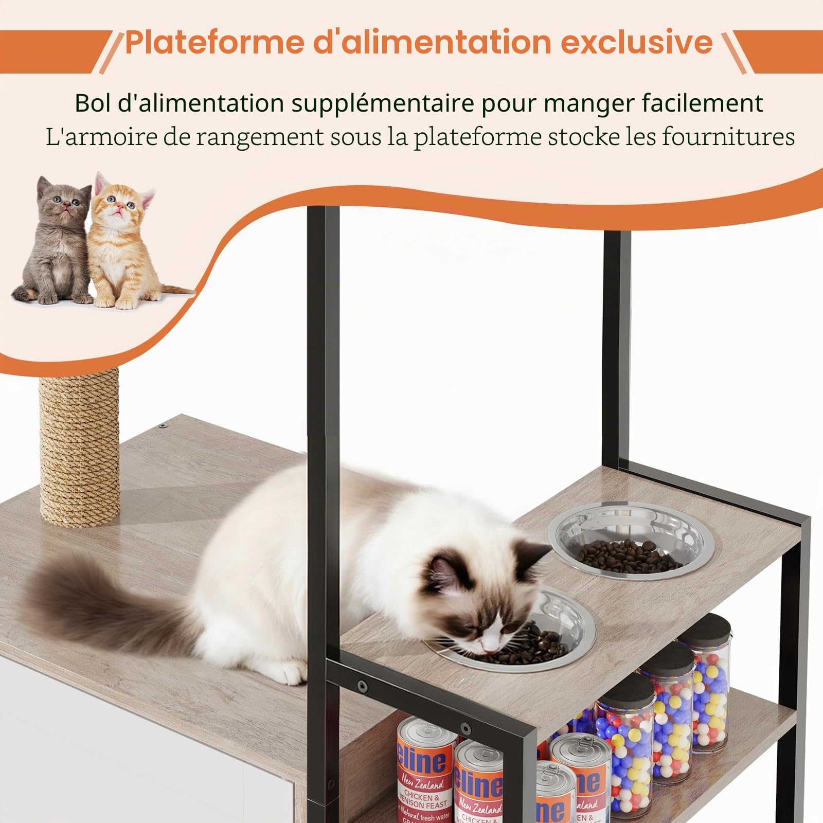 HavenlyYouth Arbre à chat avec gamelles et bac à litière, tour à chat à plusieurs niveaux avec griffoirs en sisal pour le jeu, hamac en peluche gris pour plus de confort