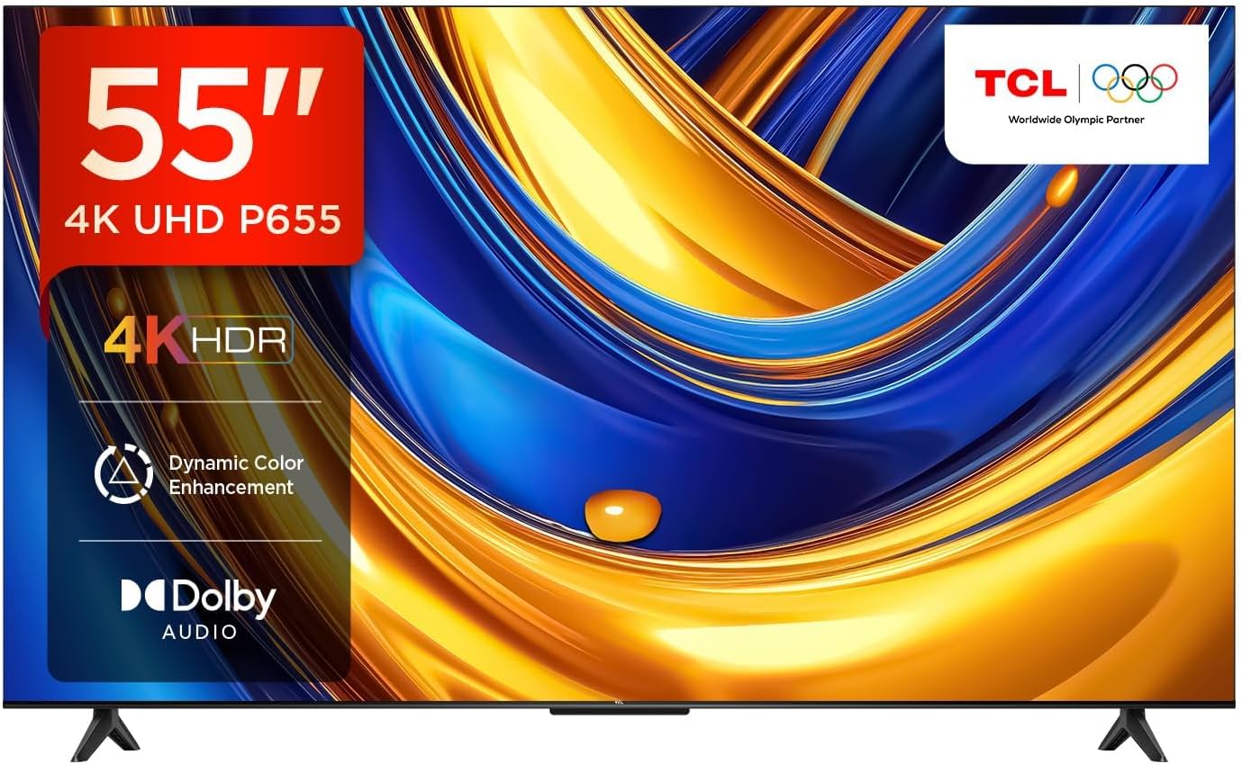 TCL 55 Inch 4K UHD HDR Smart TV with AiPQ Processor, T-SCREEN, Dolby Vision, HDR10, Google TV, Dolby Atmos, Dynamic Color Enhancement, HDMI 2.1 – (55P655-2024 Model)