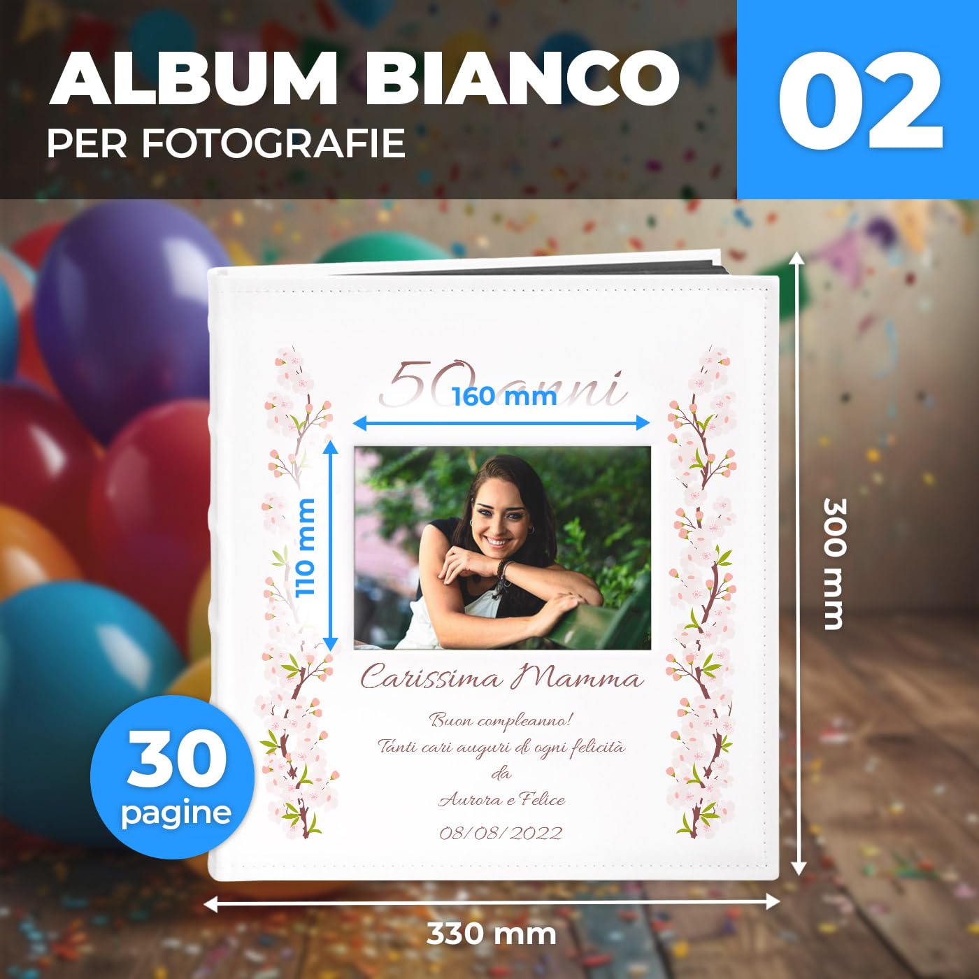 Maverton Album Foto Personalizzato, Copertina in Pelle | Sintetica con Finestra e Personalizzazione Stampata, 60 pagine nere, 240 foto 10x15 cm, regalo donna, Fiori