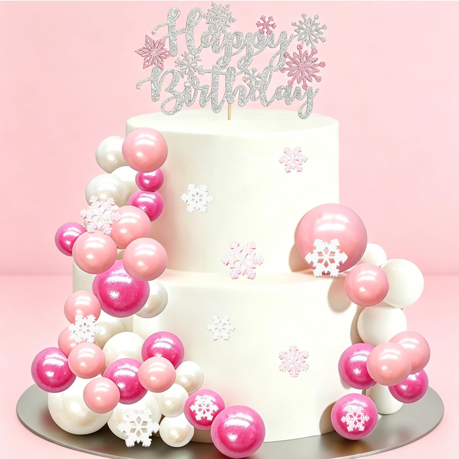 49 Pcs Pink White Silver Snowflake Ball Cake Toppers for Frozen Theme Party — image 1