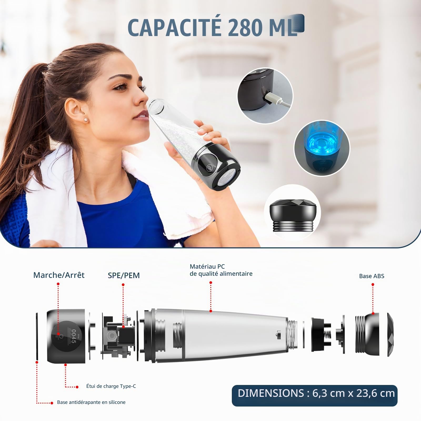 Dobaly Bouteille D'eau Hydrogène 5ème Génération H6 Pro 5500 ppb en 10 Min Bouteille D'eau Hydrogène Générateur D'hydrogène Bouteille avec Technologie SPE PEM Rechargeable Portable