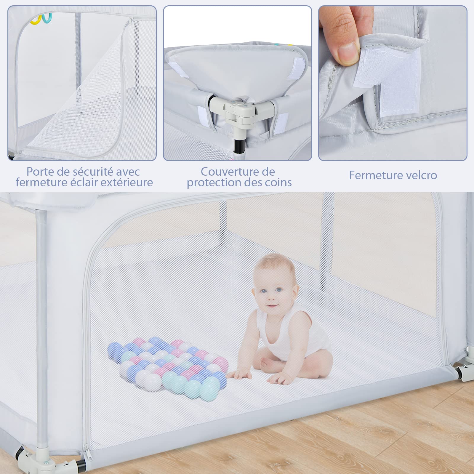 GOPLUS Parc Bébé Pliable 124x124CM, Parc Bebe en Maille Respirante avec 50 Balles et 4 Anneaux, Centre D'activités pour 10 Mois à 6 Ans, Idéal pour Intérieur et Extérieur, Gris