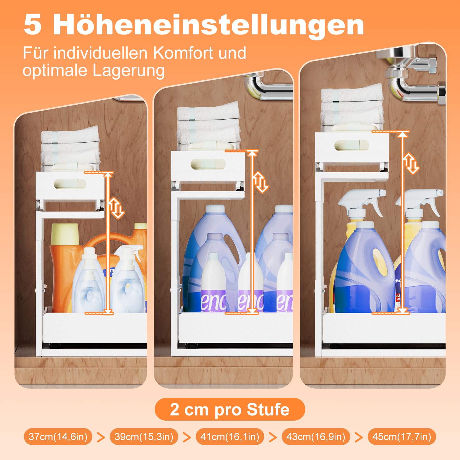 YJHome Upgrade 1 Stück Spülschrank Organizer Ausziehbare, Größe Metall Metall Spülenunterschrank Organizer Verstellbare Breite Höhe Under Sink Organizer für Küche, Bad, Unterschrank, Weiß