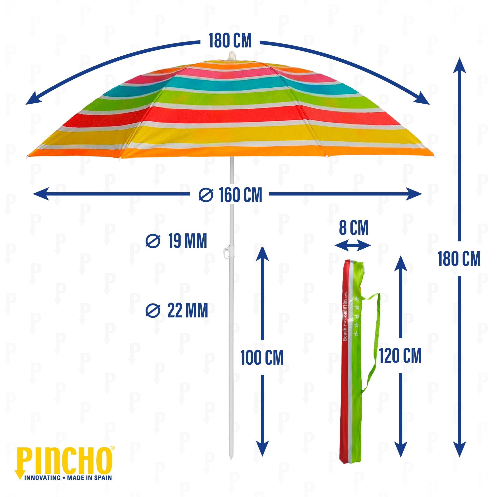 Pincho Strandschirm, 180 cm, winddicht, mit Ankerhalterung, UV50+, Stahlrohr 22 mm, Tragetasche, rostfreie Stäbe, leicht, Garten, TH Blau, 180 cm