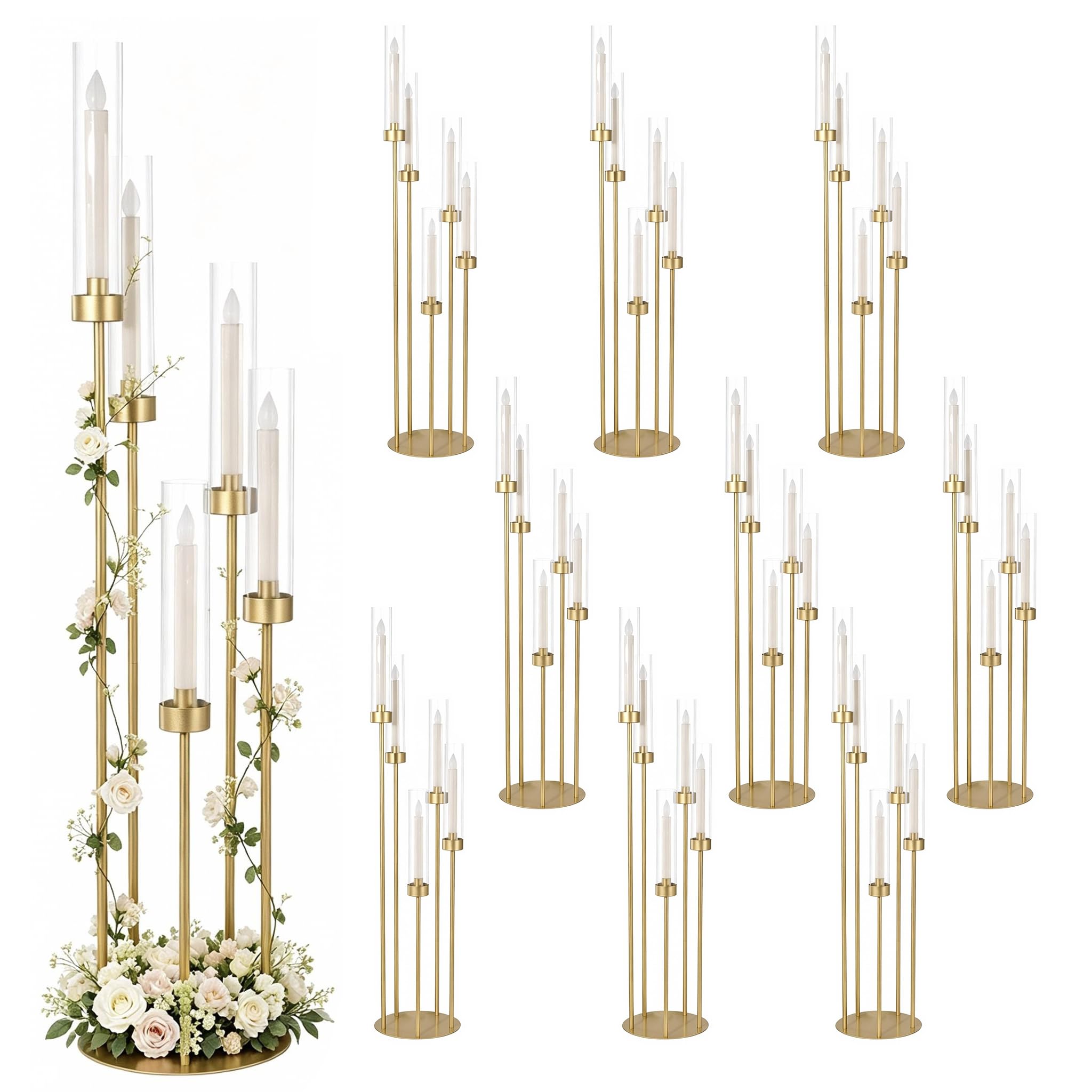 View 1 of 10PCS Gold Floor Candelabra,5 Arms Metal Candle Holder with Acrylic Shade