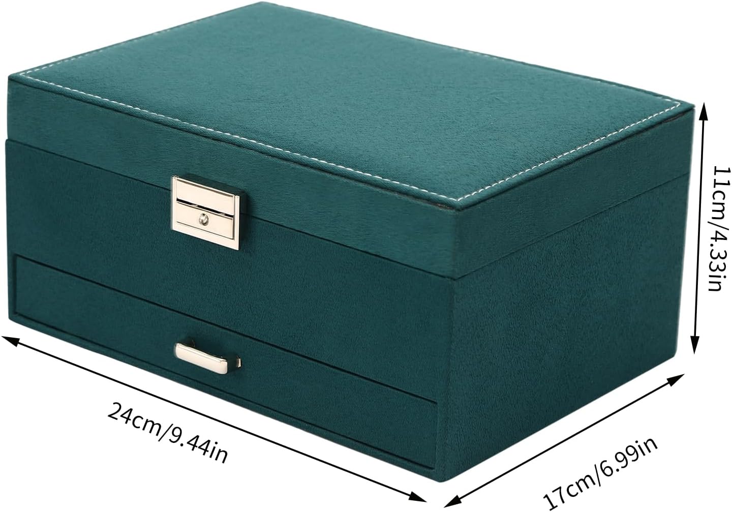 Jewelry Box with Lock for Women, Green Flannel 3-layer Jewelry Organizer Watches Necklace Ring Storage Box