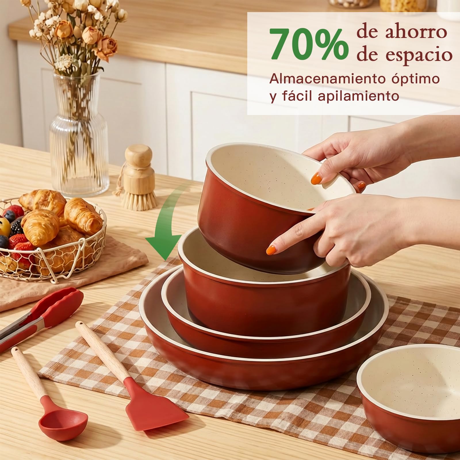 GiPP Juego de Ollas y Sartenes Antiadherentes 21 Piezas, Cacerolas de Cocina Induccion Sin Toxicos, Mango Extraible, Apta para Todo Tipo de Cocinas y Horno, Degradado Rojo