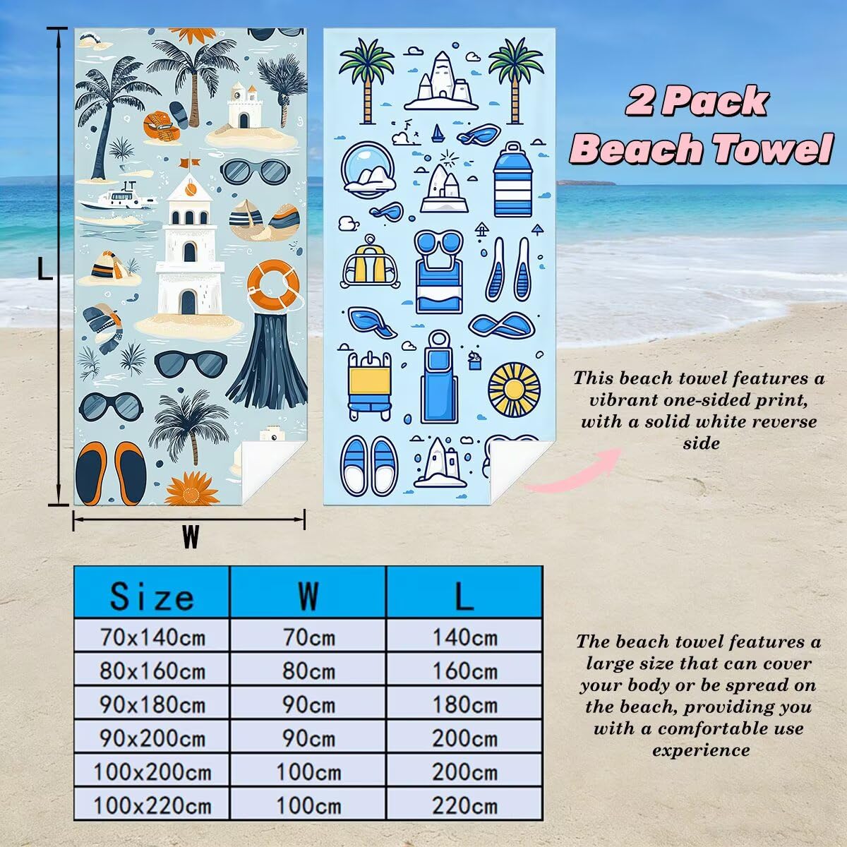 Toalla Playa 80x160 cm, Toalla Gimnasio Microfibra Secado Rapido, Juego de 2 Antiarena Toallas de Playa, Ligera Compacta Toallas Microfibra Grande para Viaje, Regalo Hombre Regalo Mujer (Lindo) -4845