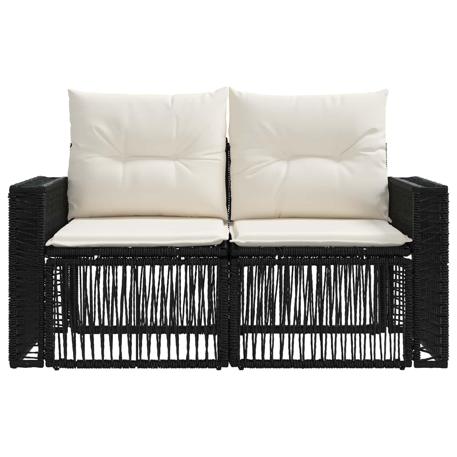 Set Divano da Giardino Modulare 2 Posti in Polyrattan Nero | Salotto modulare a 2 sedute con piedini regolabili per patio e terrazzo. Cuscini sfoderabili e lavabili inclusi.