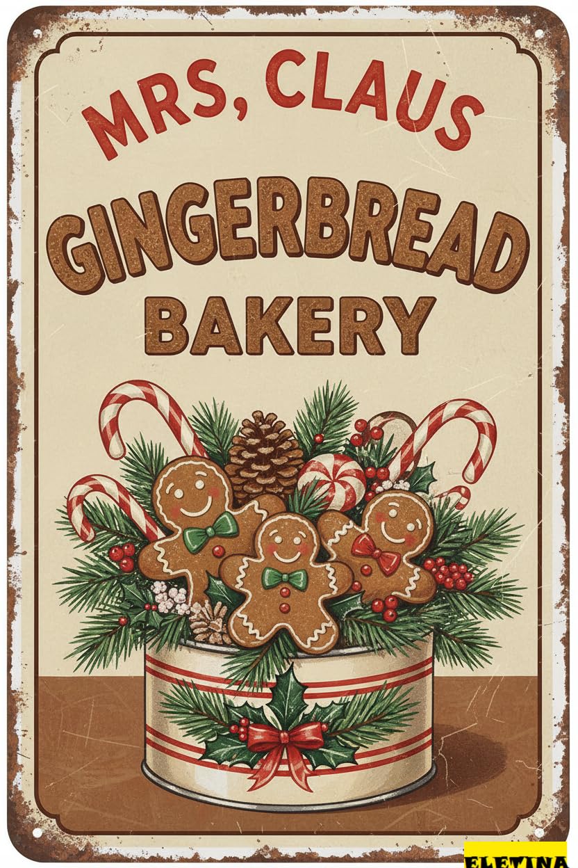 Vintage Metal Tin Sign Christmas Bake Decor Mrs Claus' Gingerbread Bakery Aluminum S Funny Christmas Party Indoor Outdoor Wall Decor 8x12 Inch
