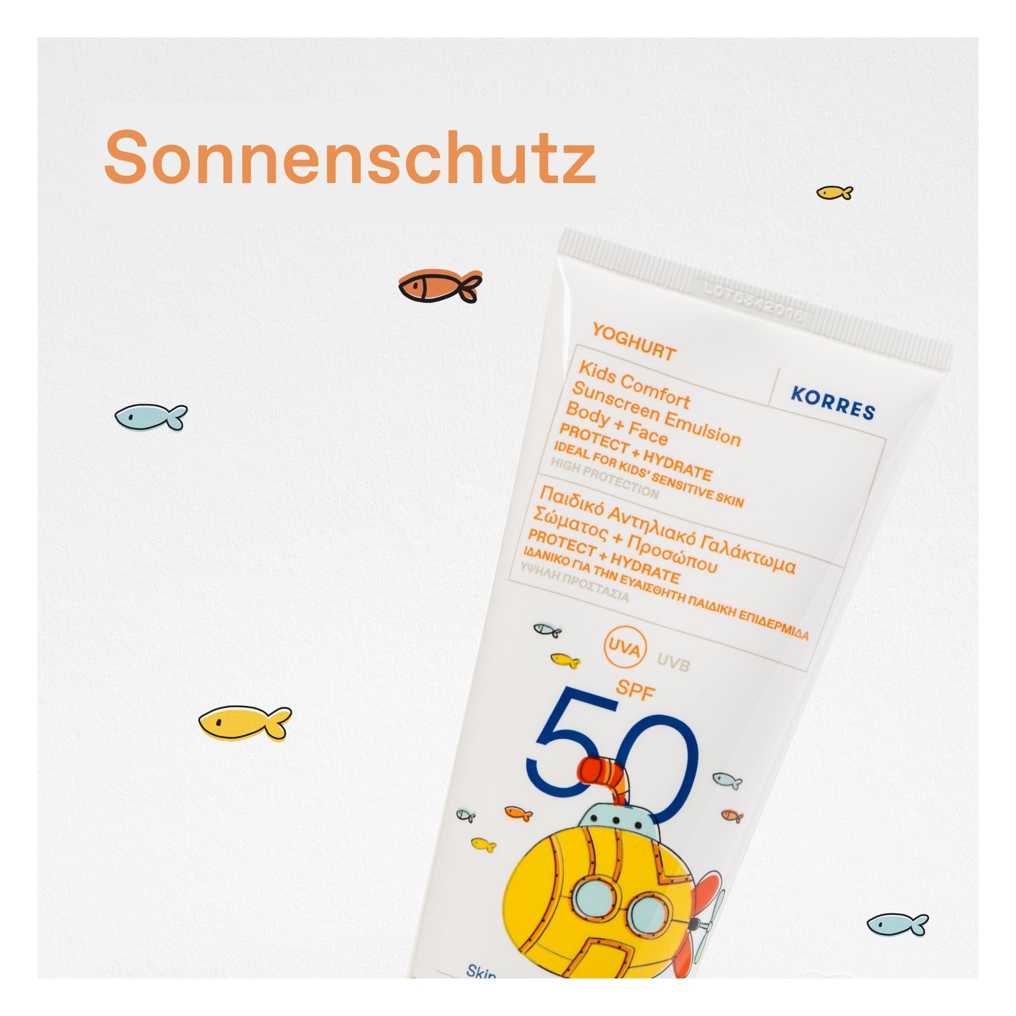 KORRES YOGHURT Komfort Sonnenschutz-Emulsion für Kinder SPF 50, wasserresistente Sonnencreme mit Mandelöl und griechischem Joghurt, schnell einziehend und sanft zur Haut, 200ml | wasserresistente Sonnencreme mit Mandelöl & Joghurt, schnell einziehend und