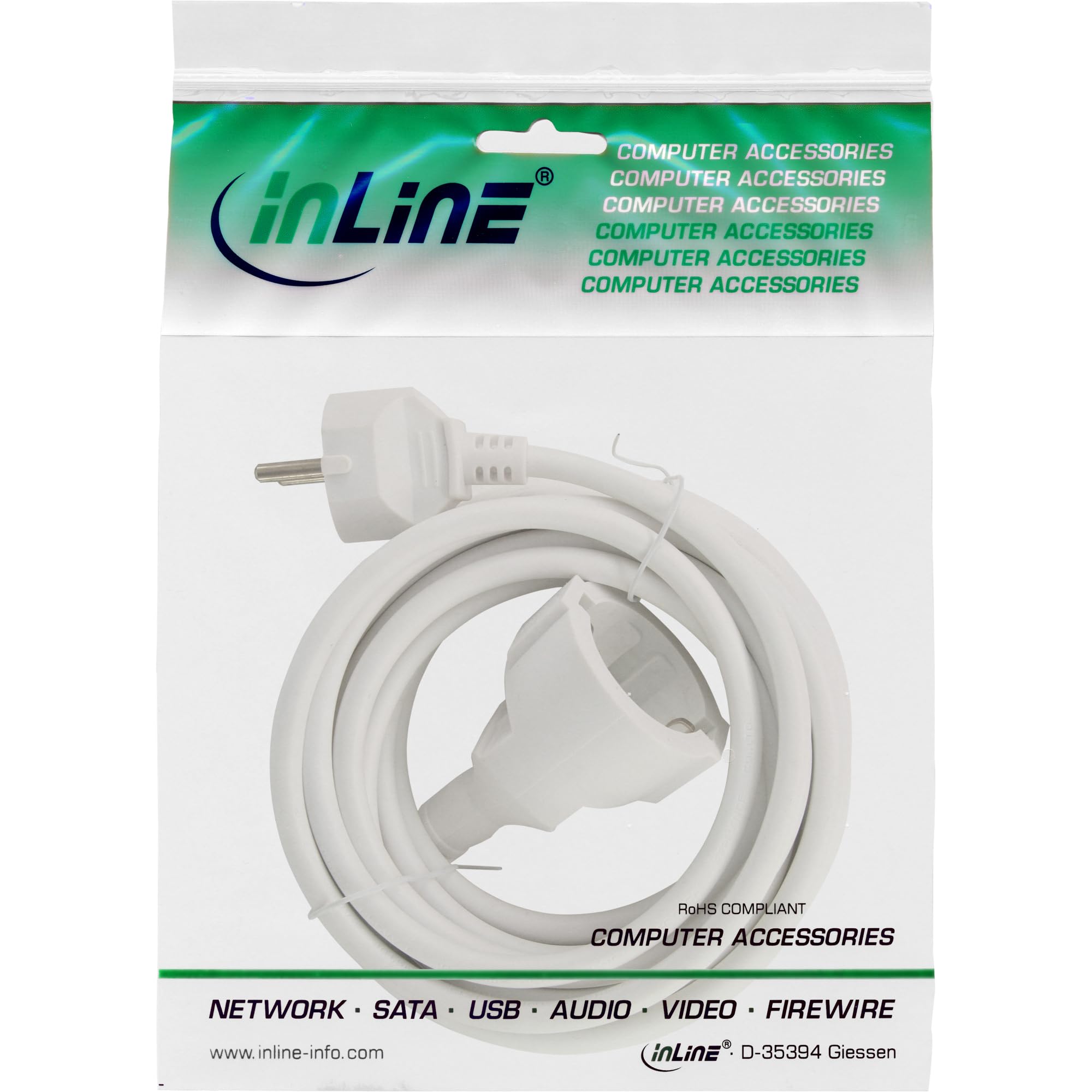InLine® Przedłużacz prądu z zestykiem ochronnym, wtyczka/gniazdo, biały, 1 m | Do użytku w pomieszczeniach, certyfikat GS z ochroną przed dziećmi, 230 V, H05VV-F3G1,5, 16400 W