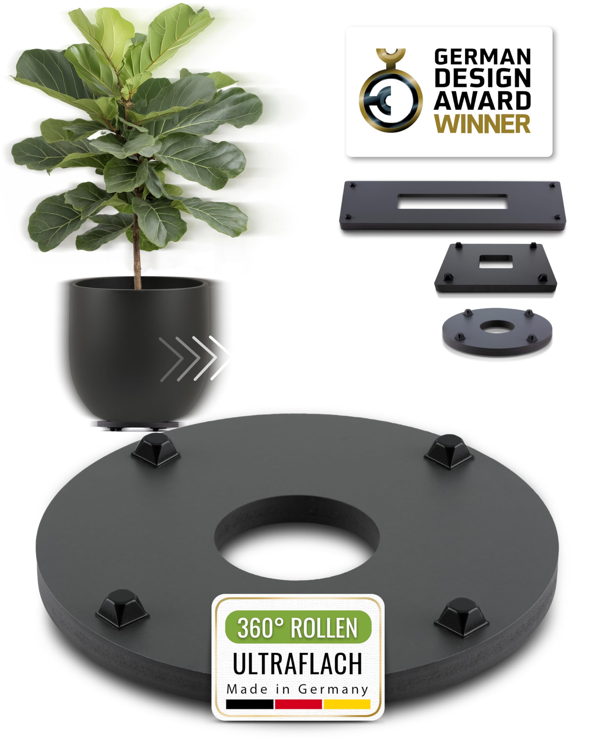 Pflanzwerk® Jardinière Porte Plantes*ULTRAPLAT Designer sous-vases à roulettes* Ø28cm pour Tous Les Pots et bacs à Fleurs *Design breveté* *capacité de Charge 120KG* *Made in Germany*