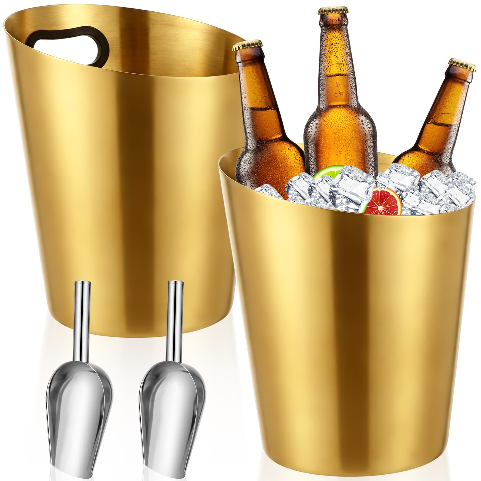 Photo 1 of LemonRoad 2 Set Stainless Steel Champagne Bucket with Ice Scoop Gold Metal Beer Bucket with Handle 4.5 Quart Diagonal Ice Buckets Wine Chiller for Summer Pool Banquet Bar Party BBQ