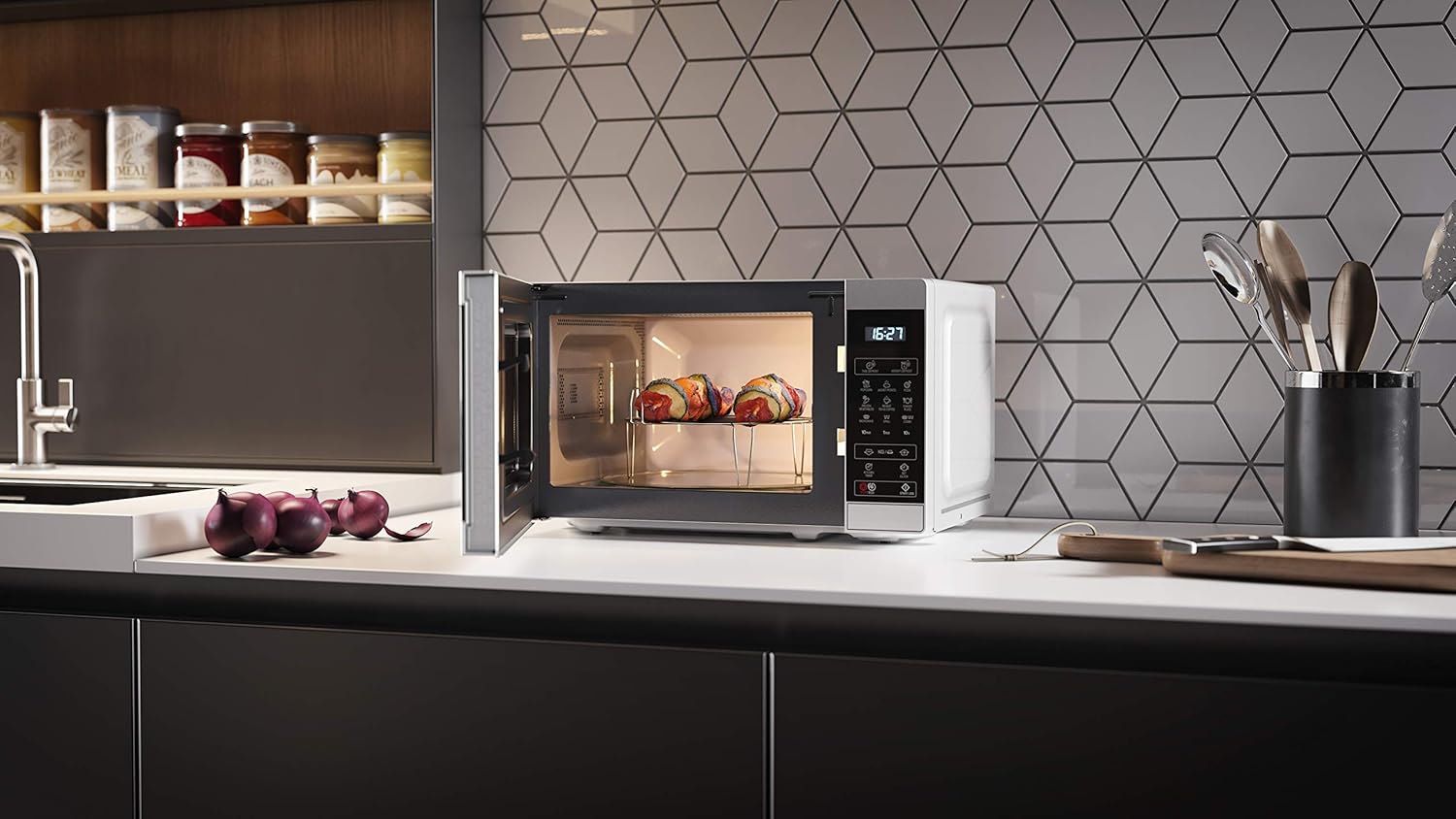 SHARP YC-MG02ES - Forno a microonde 20 litri, con funzione grill, programma di scongelamento, 11 livelli di potenza, funzione timer, piatto girevole incluso