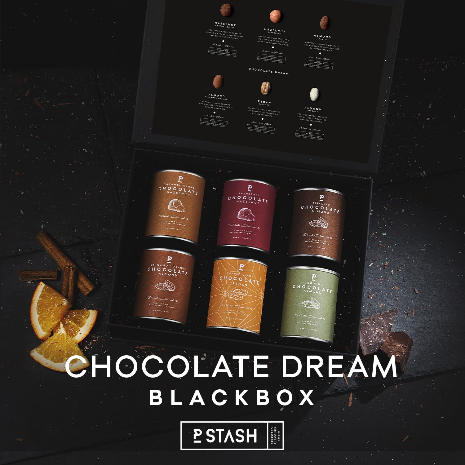 P-Stash Black Box Mix di Noci Chocolate Dream – Confezione da 6 – Pecan, Nocciole & Mandorle – Noci al cioccolato con spezie uniche, tostate a mano a Berlino