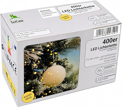 Catena Luminosa a LED 998605 con 400 lampadine LED, Bianco Caldo, con trasformatore e Funzione Timer di 8 Ore, per...