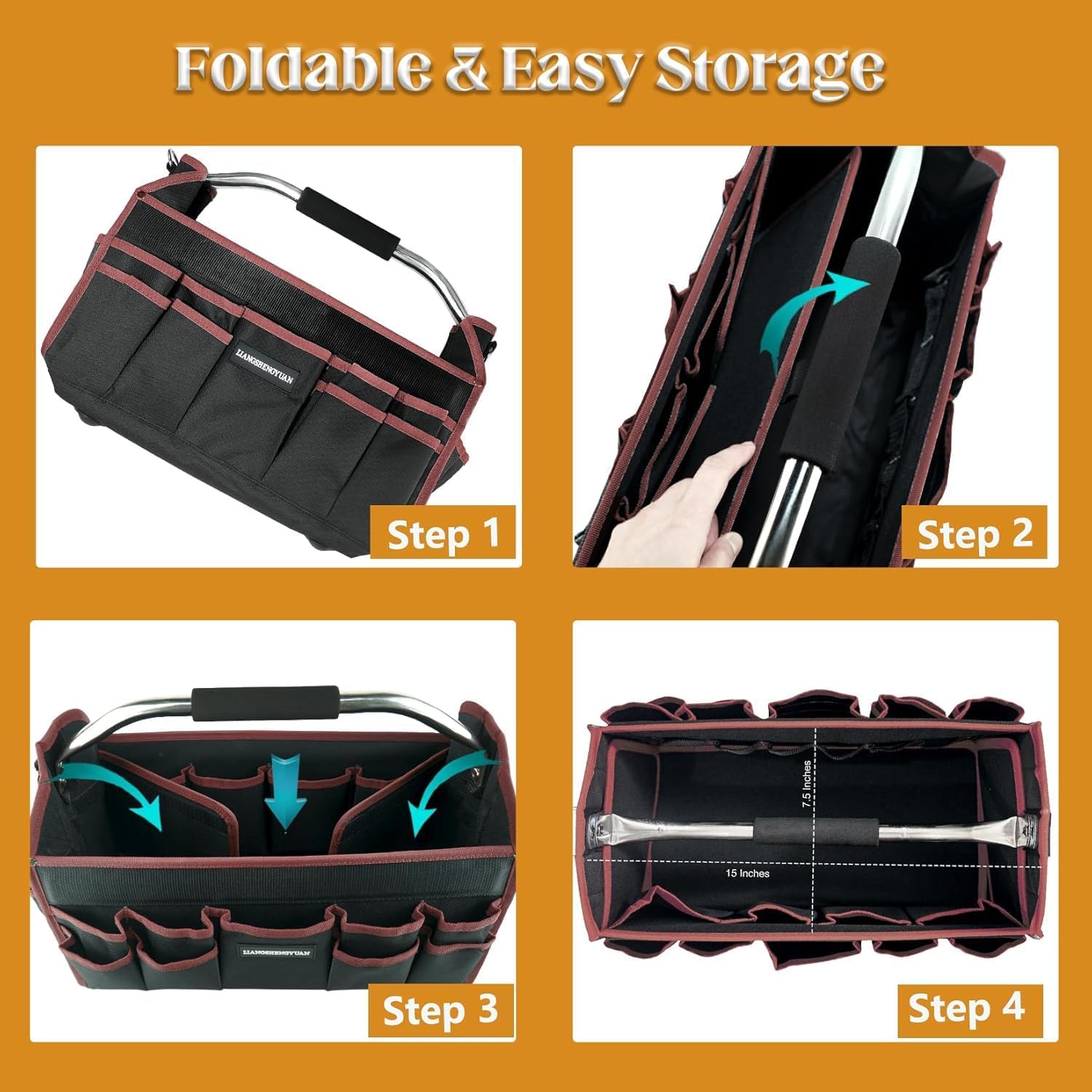 20 In Tool Carrier, Open Top Tool Tote 30 Pockets, Waterproof Tool Bag For Men, Foldable Wide Mouth Electricians Tool Bag, With Stainless Steel Handle and Removable Shoulder Strap - Image 5