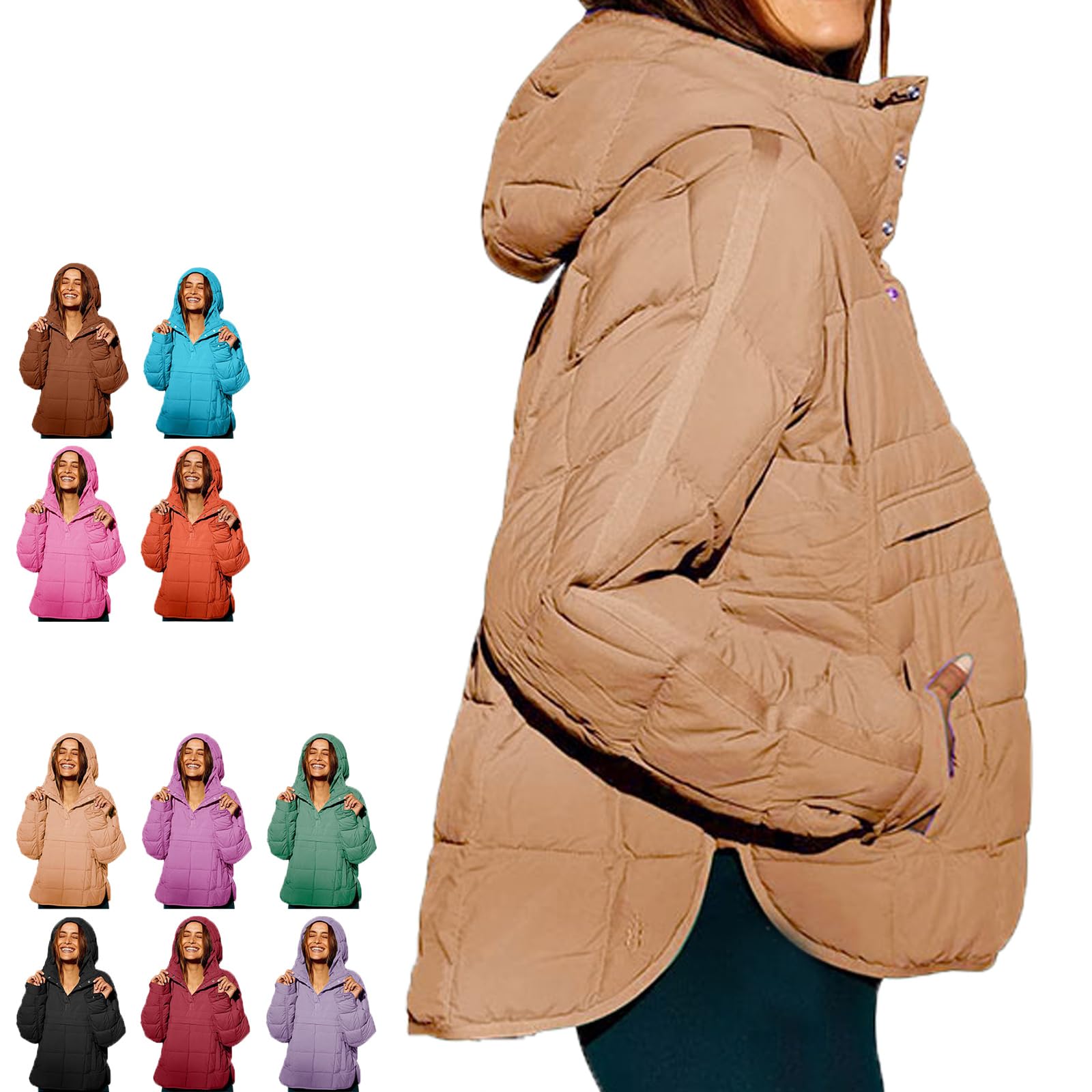 Generisch Damska kurtka oversize, pikowana, z kieszeniami, lekka, khaki, XXL