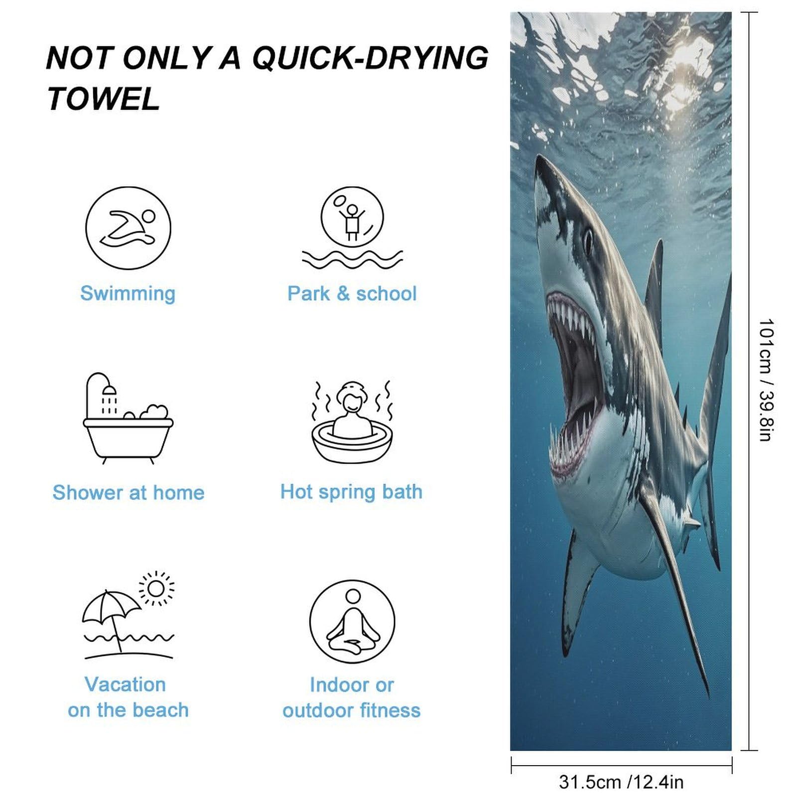 AQRJLPM Great White Shark Opens Mouth Quick Dry Towel Cold Fabric Workout Sweat Towels Highly Absorbing Odor-Free Travel Towel for Hot Yoga Tennis Running Exercise Working Out Camping