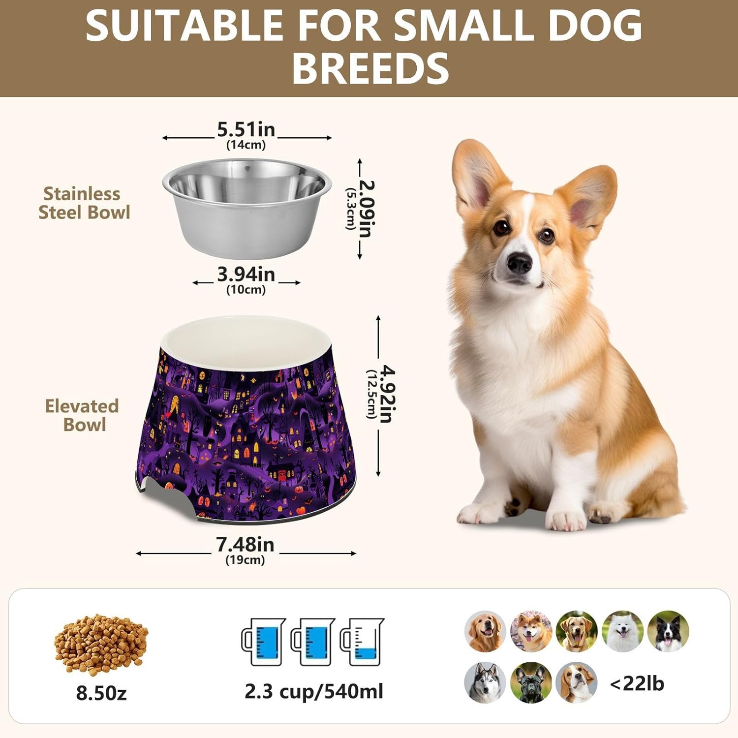 Giant Halloween Town Purple Black Pets Water&Food Bowls Non Slip Stainless Steel Cats Basic Bowls for Small Pet Whisker Friendly