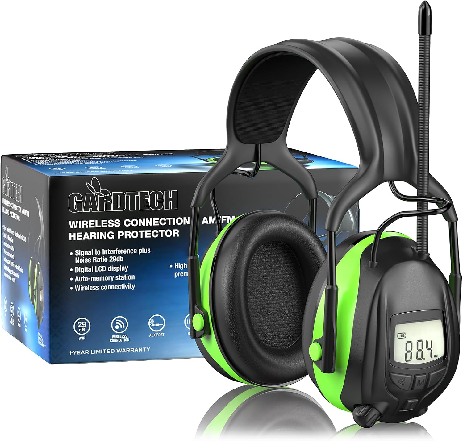 Gardtech Bluetooth 5.3 AM/FM Radio Hearing Protection,29dB SNR Safety Earmuffs (No Battery),Digital Display Noise Cancelling Headphones for Mowing, Workshops and Snowblowing Green