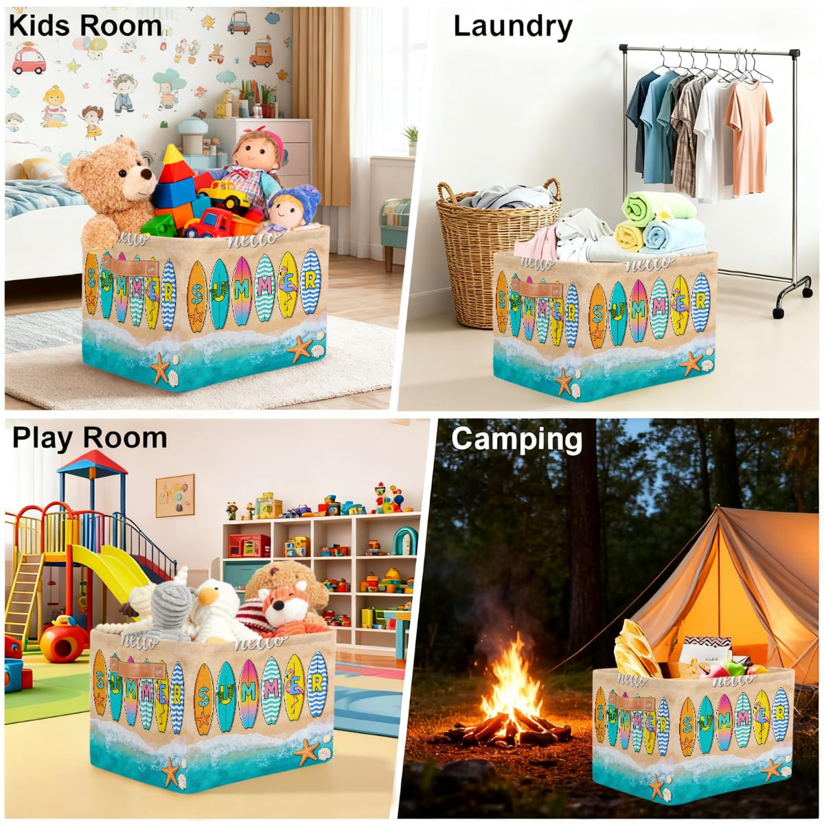 Hello Summer Surfbrett rechteckiger Aufbewahrungskorb mit Ledergriffen, faltbarer Stoff-Aufbewahrungskorb für Schrank, Badezimmer, Wohnzimmer, Büro, Spielzeug, Organizer, Wäschekorb, 2 Stück
