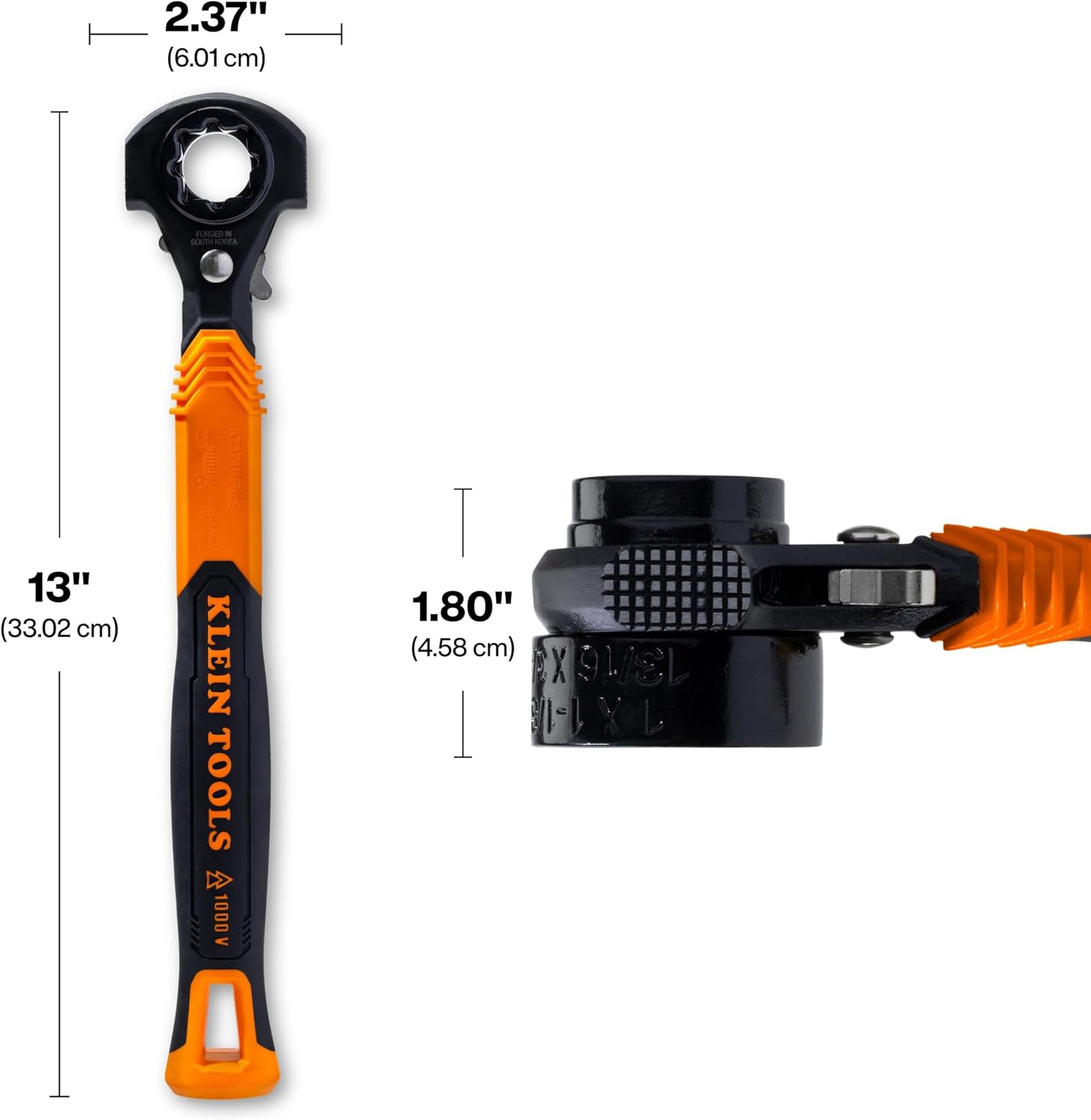 KLEIN TOOLS KT171HFINS 5-in-1 Insulated Lineman Wrench with Dual Hammer Faces, 1000V Rated, Ratcheting Pass-Through Design, Tether Hole, Ergonomic Grip for Utility Pole Hardware