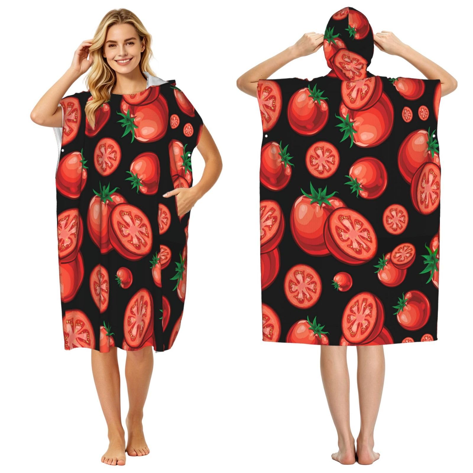 Poadnly Red Tomatoes, Adult Hooded Beach Towel 90 x 110 cm,Changing Bath Robe, Surf Poncho Towel For Women Men