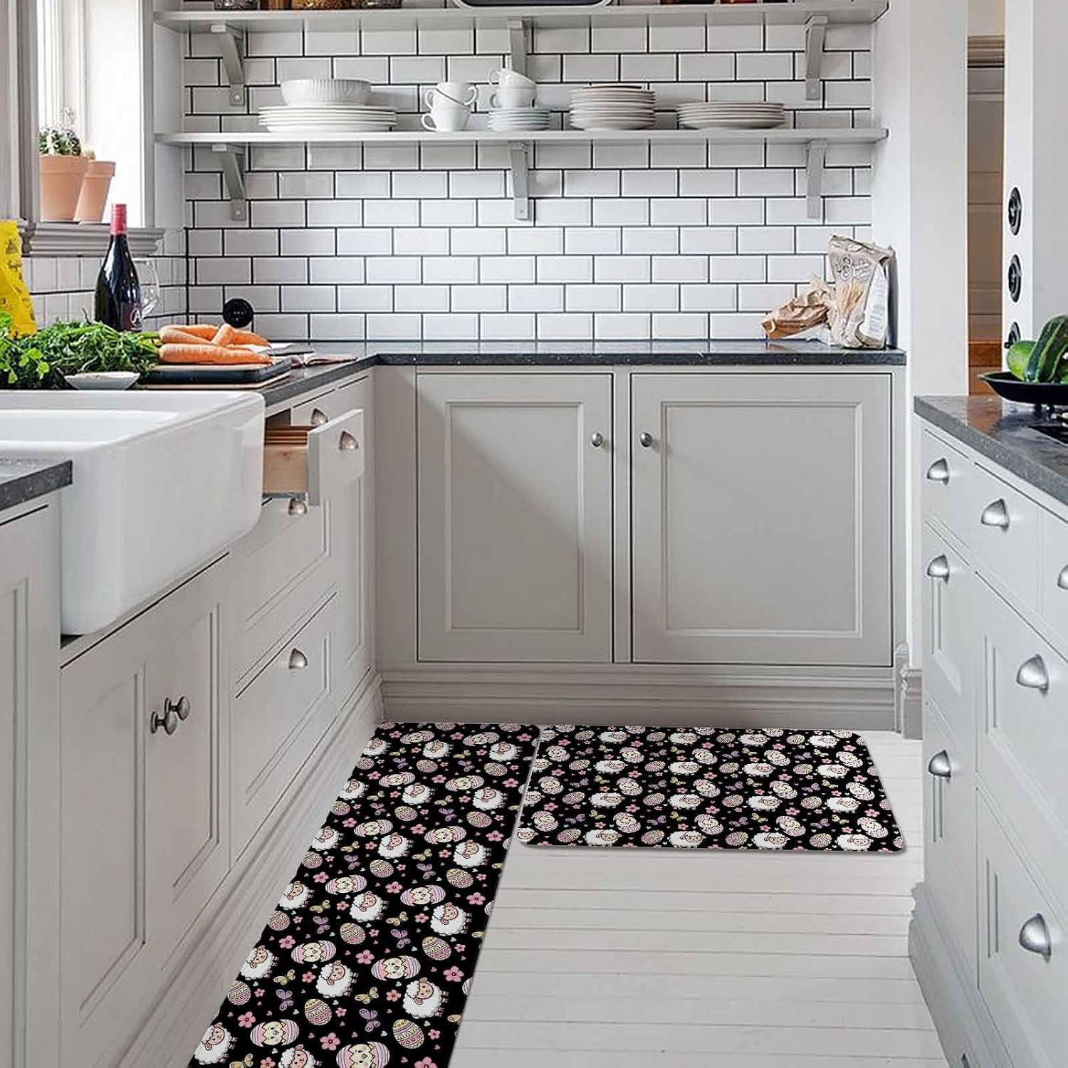 Easter Kitchen Rugs and Mats Set of 2, Non-Slip Kitchen Sink Mat, Spring Sheep Chickens Eggs Butterfly Flowers Black Washable Doormat Bathroom Rugs Runner for Bedroom/Living Room 17.7"x30"+17.7"x59"