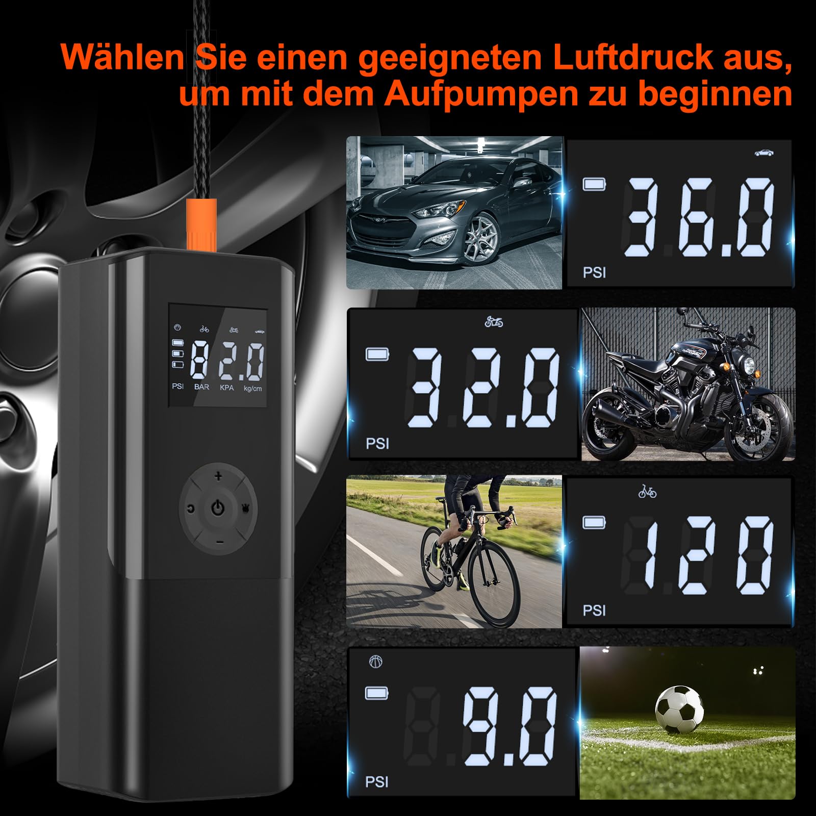 Luftpumpe 150PSI Elektrische Fahrradpumpe Mini Kompressor 12V EasyPump Mit Alle Ventile Autostop Funktion LCD LED Reifenfüller Tragbarer Luftkompressor über USB-C wiederaufladbar Als Powerbank