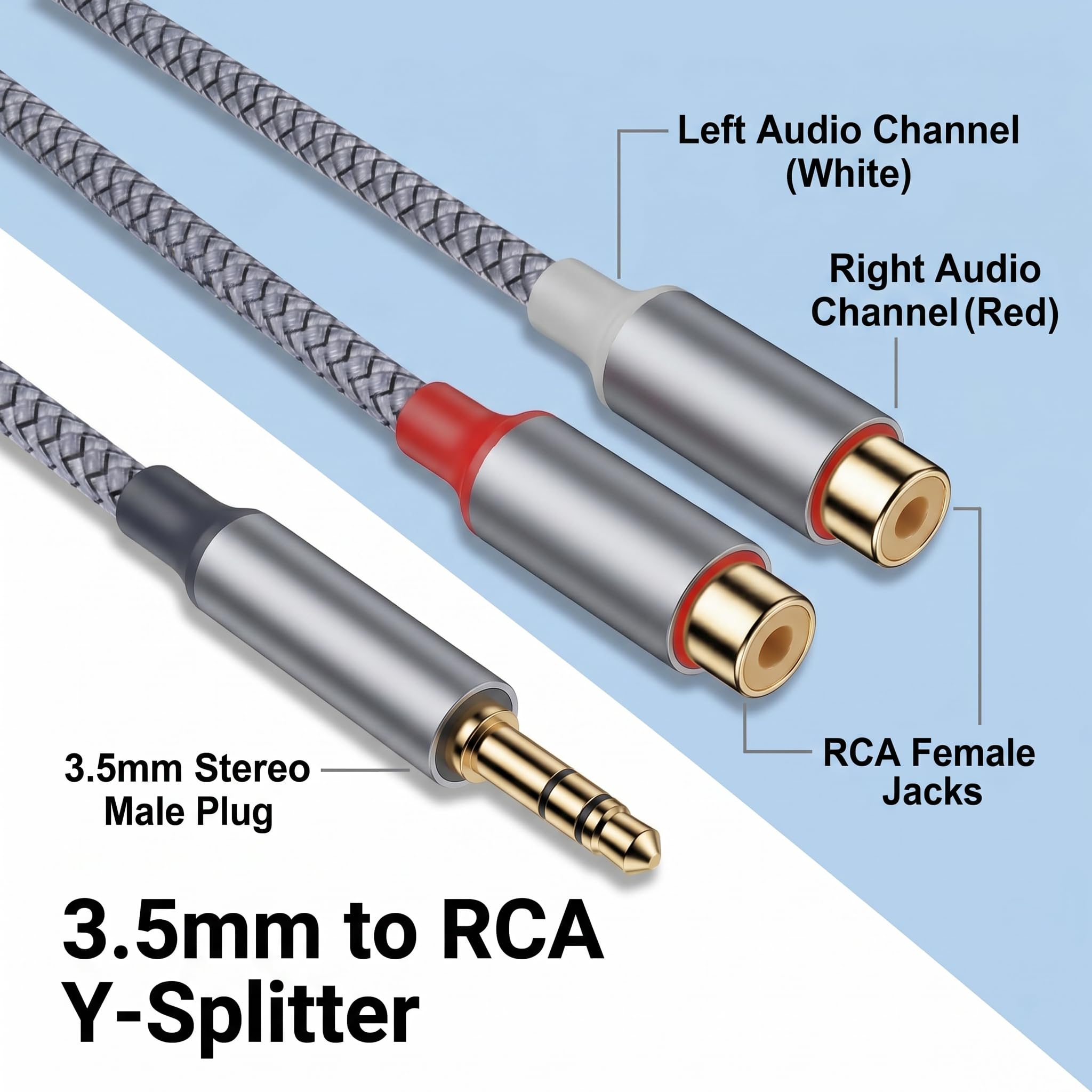 3.5mm Klinke Stecker auf 2 Cinch Buchse, RCA to 3.5mm Adapter mit Vergoldeten Anschlüssen und Nylonmantel für Smartphone Tablet MP3 Player Lautsprecher Verstärker, Gehäuse aus Aluminiumlegierung