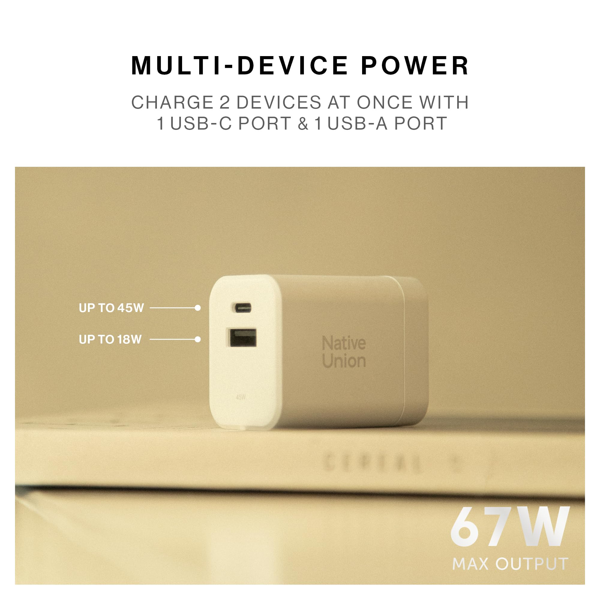 Native Union GaN Szybka ładowarka PD45W - Ultra-kompaktowa podróż, dwa porty USB-C i USB-A - do 45 W - MacBook Air, iPads, iPhone, Pixel, Galaxy (czarny)