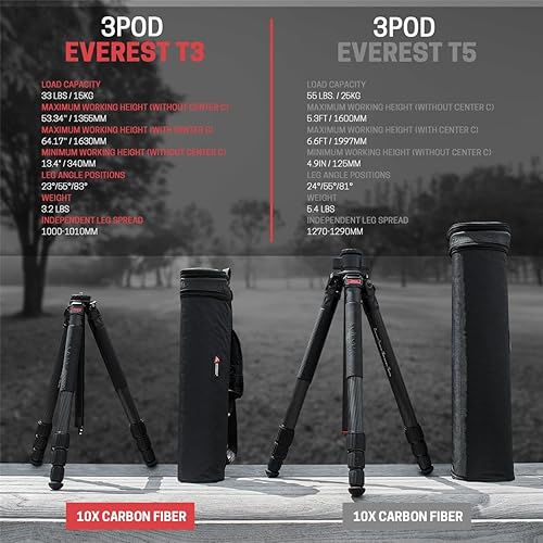 Miniatura 7 de 3Pod Everest T3 - Trípode de fibra de carbono de 4 secciones para cámara, trípode de viaje compacto, columna central reversible para fotografía de