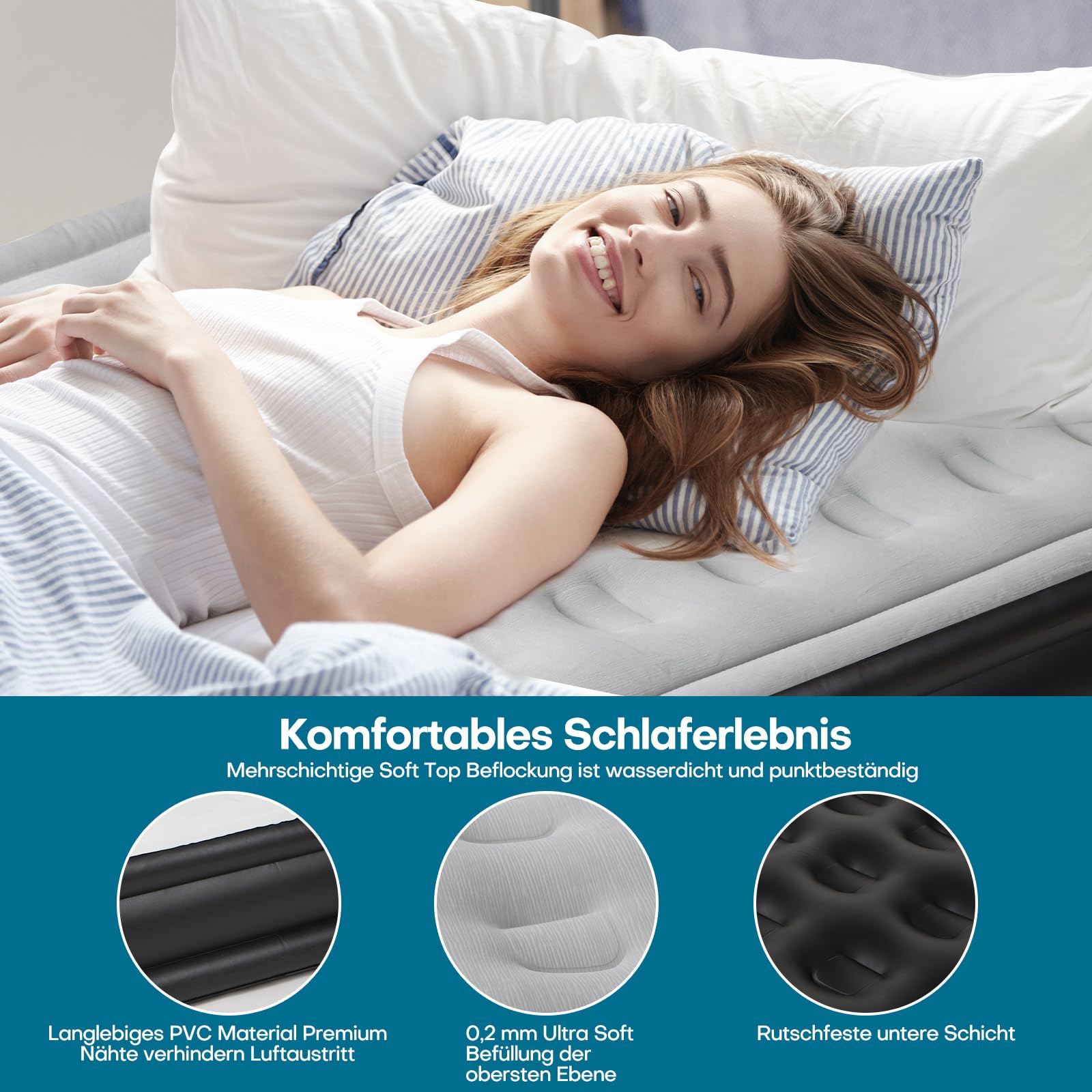 Panana Luftbett 1 Person mit integrierter Pumpe, Einzel Luftmatratze aufblasbar 196 x 97 x 47 cm, Gästebett mit beflockter Oberseite, PVC Luftbett mit Tragetasche für Zuhause Camping Gästezimmer